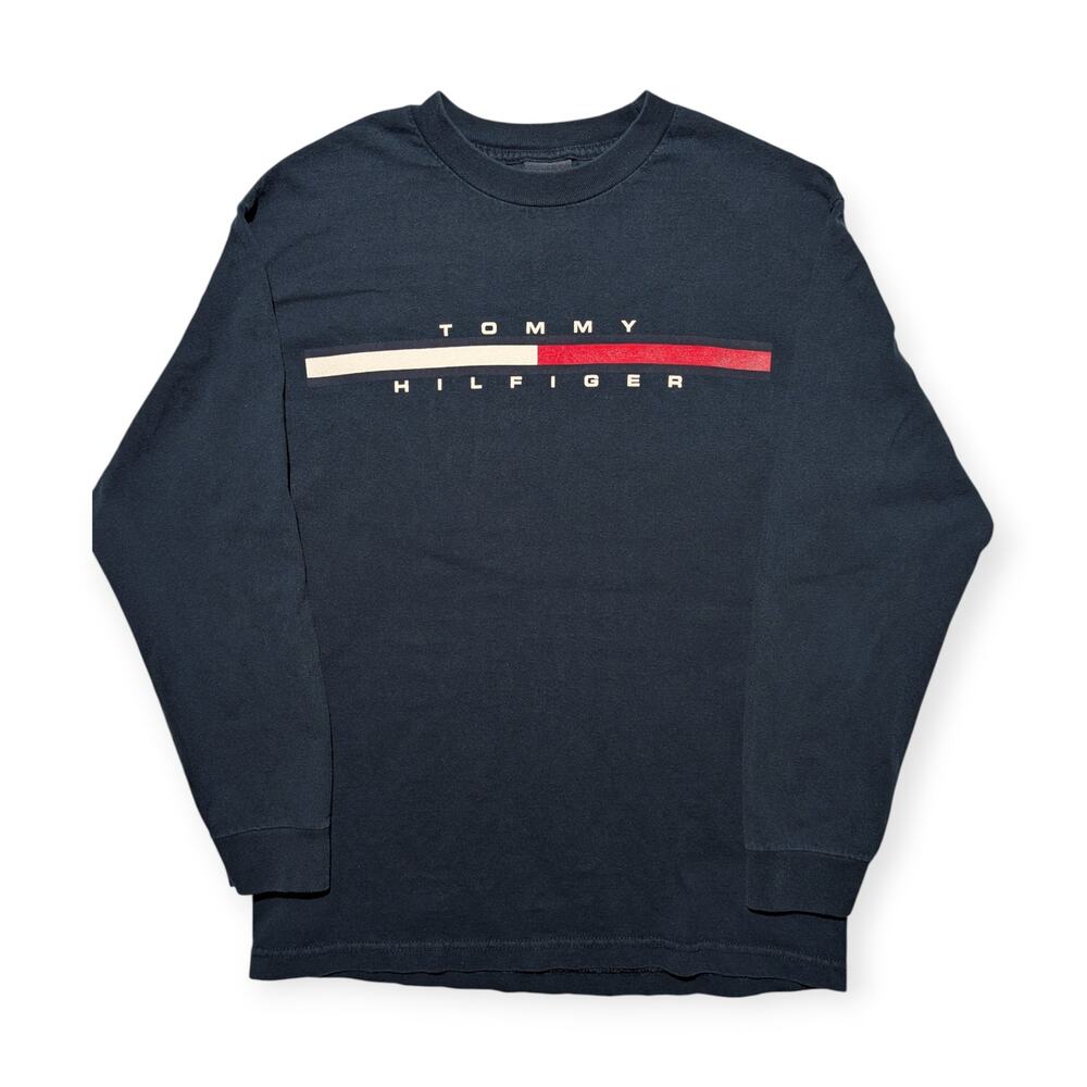 Tommy Hilfiger Y2K Long Sleeve Logo Shirt Navy Blue Flag Graphic Mens M